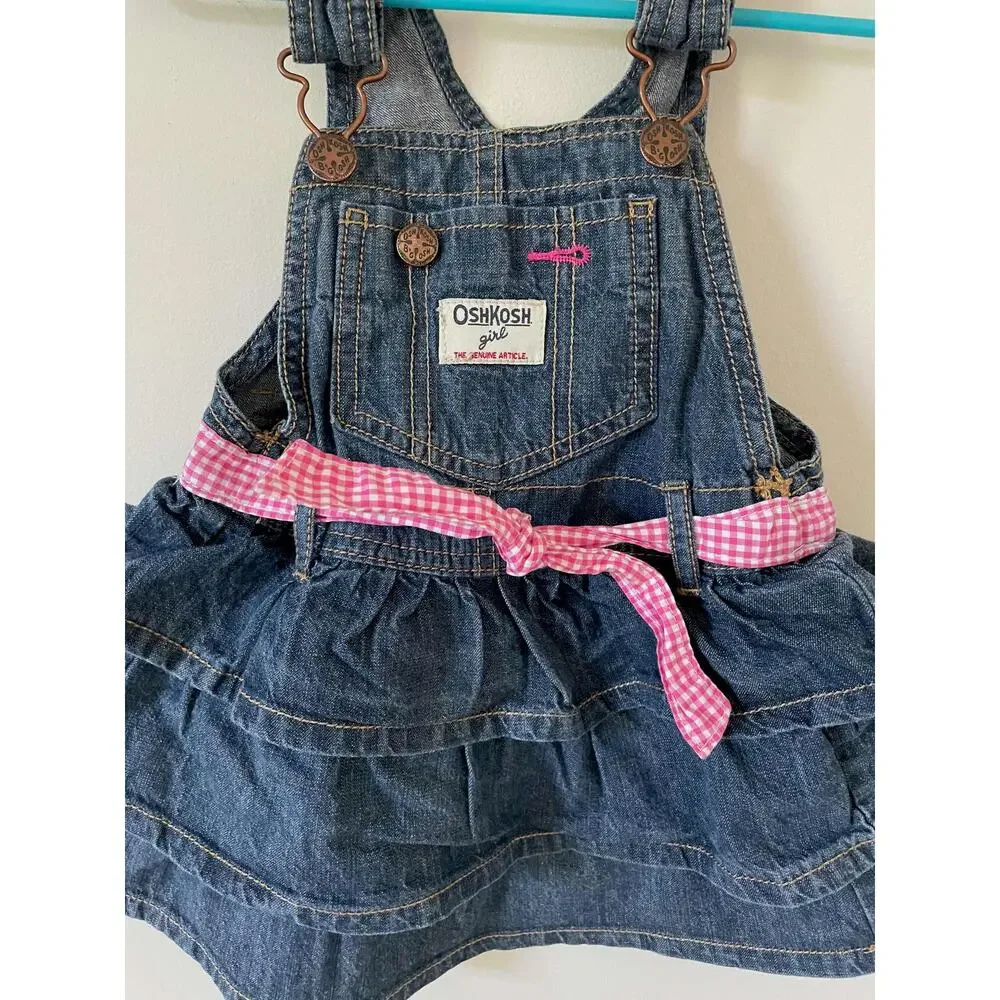 Oshkosh Vintage 90s Ruffle Belt Denim Dress Blue Pink Size 24 months 2 Toddler